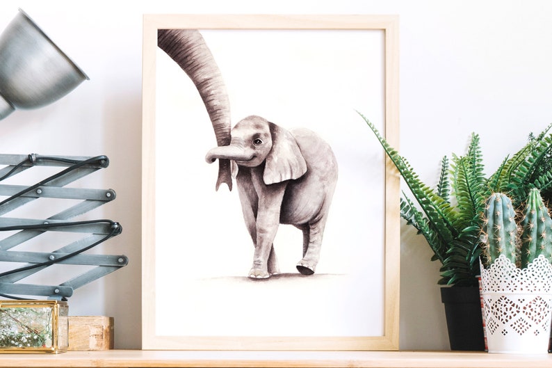 May include: A watercolor painting of an elephant and a baby elephant. The baby elephant is walking next to its mother, and they are both looking at the viewer. The painting is in shades of gray and brown.