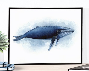 Affiche baleine,aquarelle baleine,Poster baleine à bosse,tableau baleine,décoration murale,reproduction d'art de mon aquarelle originale