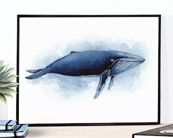 Humpback whale poster. Whale print. Whale watercolor. Whale painting. Whale portrait. Whale drawing. Art print from my original watercolor