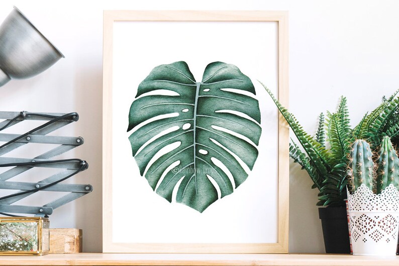 May include: A framed print of a single green watercolor monstera leaf on a white background.