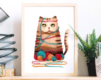 Katzenplakat, Katzenplakat, Aquarellkatze, Katzenmalerei, Katzenmalerei, Strickergeschenk, Katzendekoration, Kunstreproduktion meines Originalaquarells