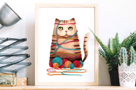 Affiche chat,poster chat,aquarelle chat,peinture chat,tableau chat,cadeau tricoteuse,déco chat,reproduction d'art de mon aquarelle originale