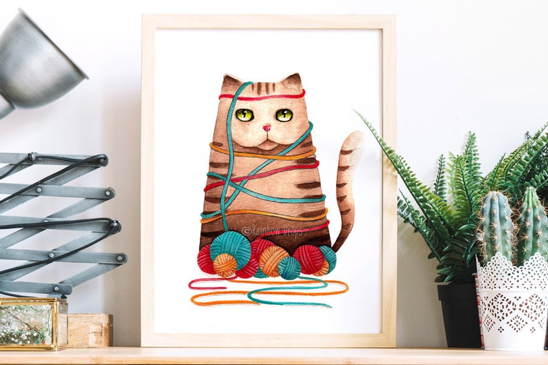 Affiche chat,poster chat,aquarelle chat,peinture chat,tableau chat,cadeau tricoteuse,déco chat,reproduction d'art de mon aquarelle originale image 1