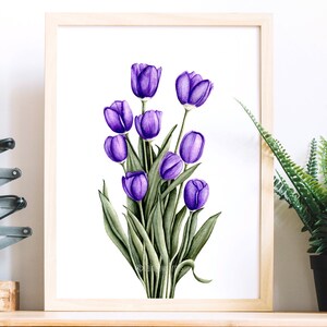 May include: A framed watercolor painting of a bouquet of purple tulips with green leaves on a white background.