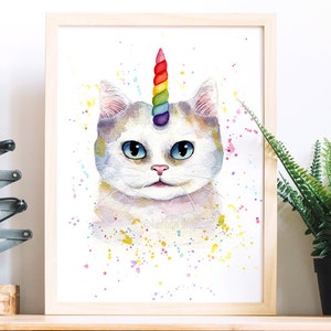 Watercolor cat, Watercolor unicorn cat, Cat poster, Cat poster, Watercolor cat, Cat portrait, Wall art, Wall decoration, Art print