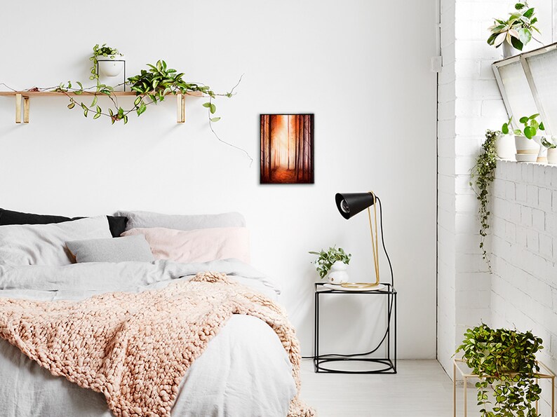 May include: A bedroom interior with a white wall, a bed with a white duvet and a peach-coloured throw blanket, a black side table with a lamp, and a framed painting of a forest path with a golden glow.