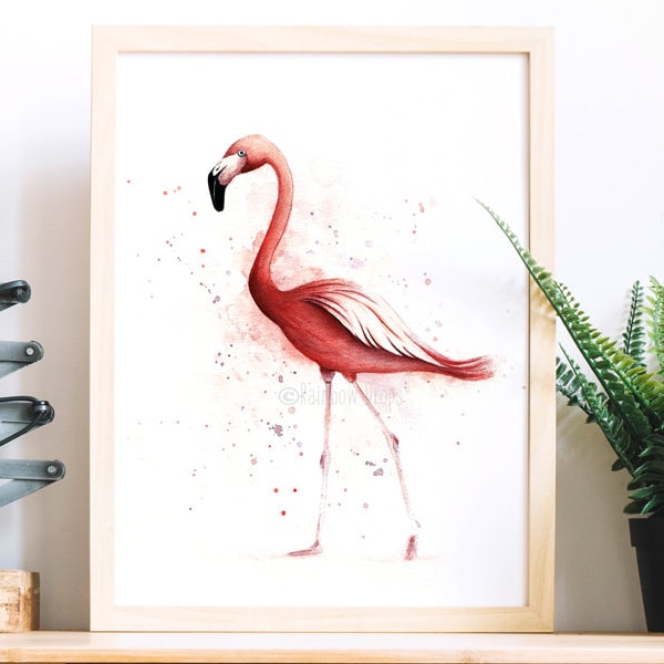 Affiche flamant rose,aquarelle flamant,poster flamant,tableau flamant,décoration murale,reproduction d'art de mon aquarelle originale.