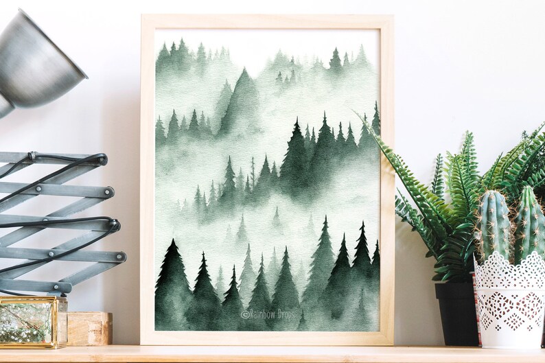 Watercolor landscape,landscape print,landscape poster,fir forest,pines,wall decor,mountain landscape.Art print from my original watercolor.