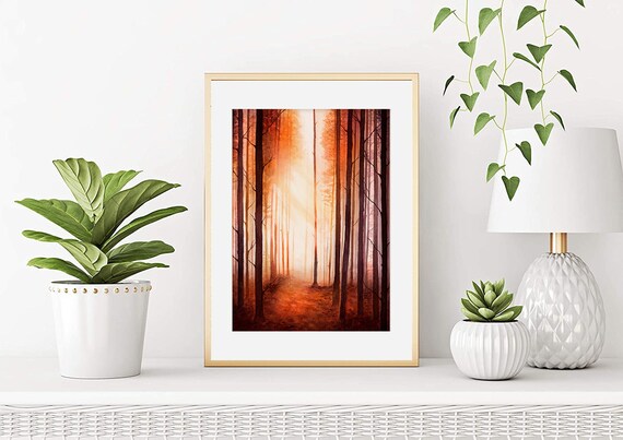 Aquarelle paysage automnal, Affiche paysage fôret, Forêt enchantée, Paysage forêt automnale, Décoration murale, Tirage d'art