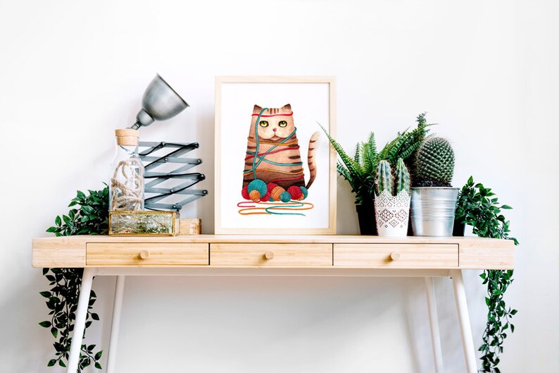 Funny cat poster. Cat print. Cat watercolor. Cat art. Knitter gift. Seamstress gift. Embroiderer gift. Art print from my original watercolor image 2