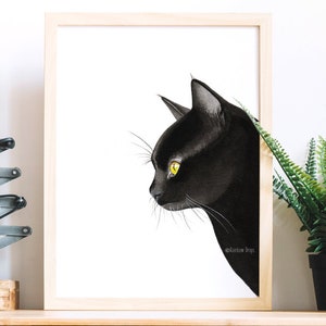 Cartel de gato negro, cartel de gato, acuarela de gato negro, retrato de gato, pintura de gato, decoración de gato, reproducción artística de mi acuarela original