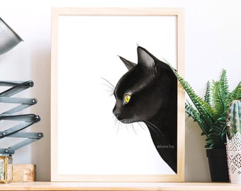Black cat poster. Cat print. Cat art. Watercolor cat. Cat portrait. Cat painting. Cute cat. Funny cat. Art print from my original watercolor