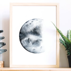 Moon print. Moon poster. Moon watercolor. Moon painting. Quarter moon. Moon wall decor. Lunar phase. Art print from my original watercolor.