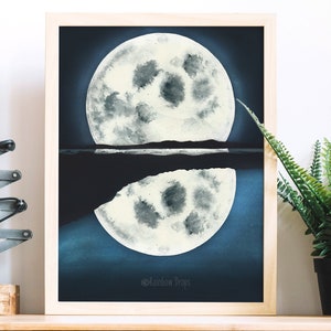 Moon print, moon poster, moon watercolor, moon reflection, full moon, moon wall decor, lunar phases. Art print from my original watercolor.