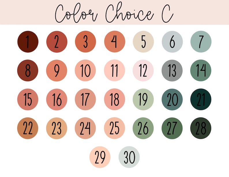 May include: A colour chart labelled "Color Choice C" with thirty numbered colour swatches. The swatches are arranged in rows and columns, showcasing a variety of shades including earth tones, pastels, and muted greens.