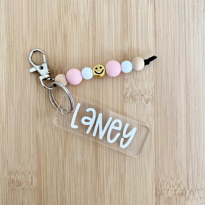 Smile Face Silicone Bead Keychain with Acrylic Name Tag, Beaded Keychain, Keychain, Smile Keychain, Personalized Name Keychain