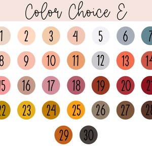May include: A colour chart labelled "Color Choice E" with thirty numbered colour swatches. The swatches are arranged in rows and columns, displaying a variety of shades including neutrals, pastels, and deeper tones.