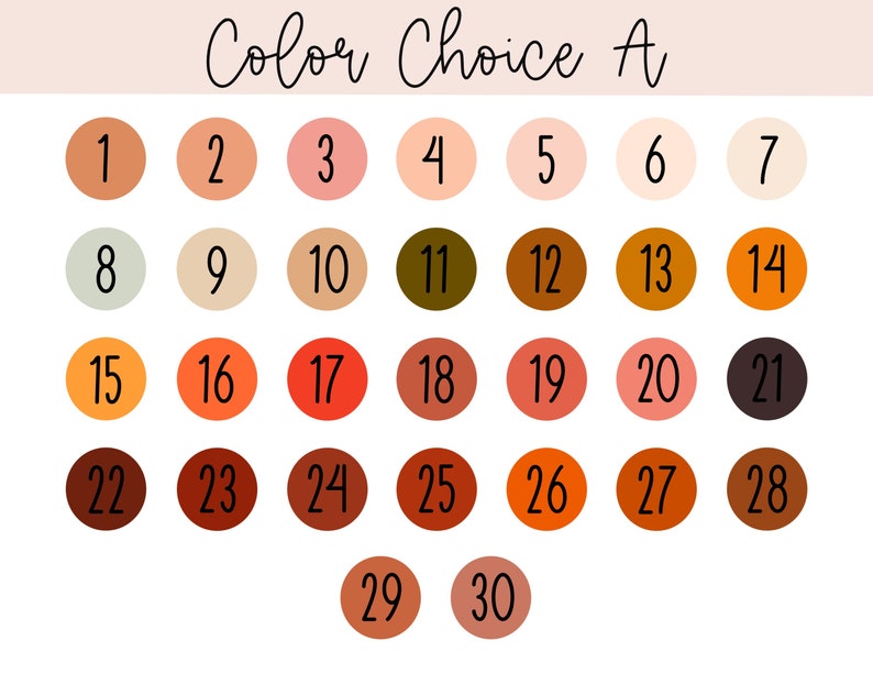 May include: A colour chart labelled "Color Choice A" with thirty numbered colour swatches. The swatches are arranged in rows and columns, displaying a range of shades from light to dark, including beige, pink, orange, and brown.
