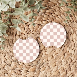Pink Neutral Checkered Car Coaster, Car Coasters, Set of 2, Car Gift, Retro Coasters