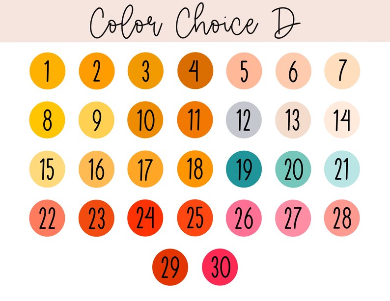 May include: A colour chart labelled "Color Choice D" with 30 numbered colour swatches. The swatches are arranged in rows and columns, each a different shade of orange, pink, blue, and neutral tones. The numbers are in black.