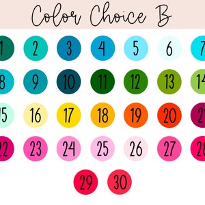 May include: A colour chart labelled "Color Choice B" with thirty numbered colour options. The colours are displayed in small circles, ranging from greens and blues to yellows, oranges, pinks, and reds. The numbers are in black.