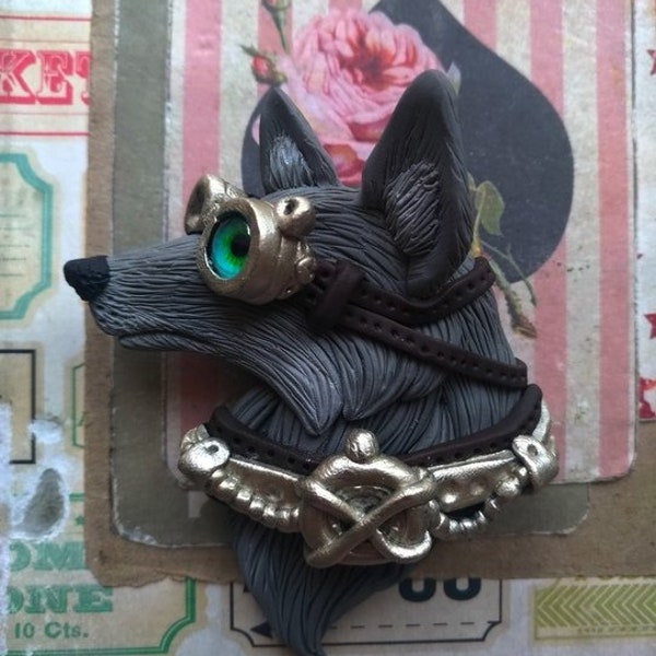 Polymer brooch steampunk wolf