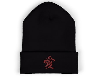 Kanji Love Symbol Beanie, Embroidered Anime Cuffed Beanie
