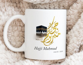 Mug Hajj personnalisé – Calligraphie arabe dorée, Motif Kaaba, Cadeau Hajj Mabroor, Souvenir islamique, Eid Ramadan, Pèlerinage musulman