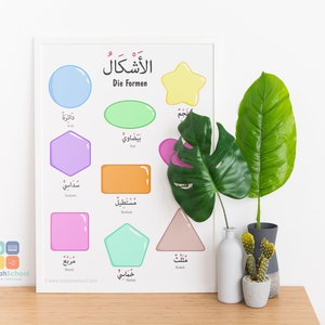 Könnte beinhalten: Ein farbenfrohes Lernspiel mit arabischen und deutschen Wörtern für verschiedene Formen. Die Formen sind mit leuchtenden Farben und einfachen Umrissen illustriert. Das Poster ist gerahmt und hängt an einer weißen Wand.