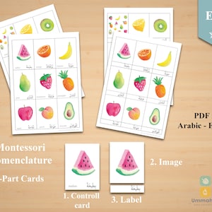 FRUITS in Arabic - English • Montessori Cards • Flash Cards • Three Part Cards • Nomenclature Cards • Educational Material • Printable •