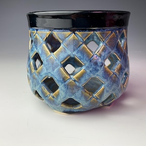 Small Blue Rutile Orchid Pot/Luminary 4 3/8" Diameter x 3 3/4“ High with Lattice design