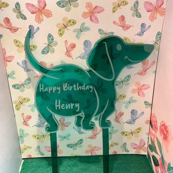 REUSABLE 1/8 inch (3mm) Acrylic NOT VINYL! Happy Birthday Dachshund cake topper choose from 64 colours