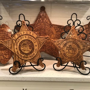 Wood Fireman Police EMT Sheriff Military Custom Carved Badges Plaques Logos Wood Carvings Retirement Memorial Honorary gifts law enforcement