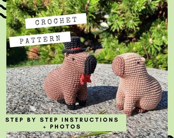 Sitting capybara crochet pattern. Capybara with top hat and bow tie for kids. Rodent crochet pattern.