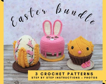 Easter crochet pattern bundle: egg, chicken, bunny. Crochet food tutorials.