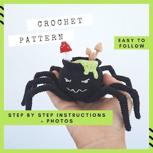 Crochet witch cauldron pattern, crochet Halloween toy tutorial, spooky monster with spider paws