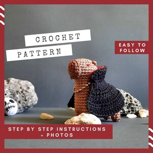 May include: Crochet pattern for a brown capybara wearing a black cape. The pattern includes step-by-step instructions and photos. Easy to follow.