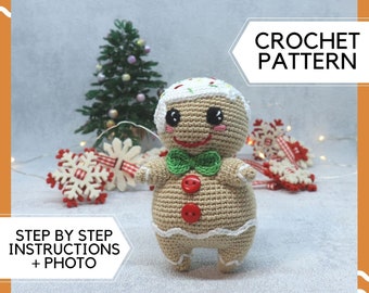 Crochet Gingerbread man pattern. DIY Christmas ornament tutorial. Instruction in English and Russian.