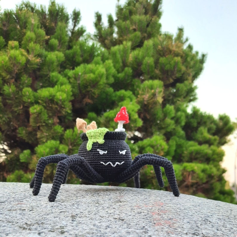 May include: A black crocheted spider with a cauldron on its back. The cauldron has green slime and a red mushroom on top. The spider is on a gray rock surface.