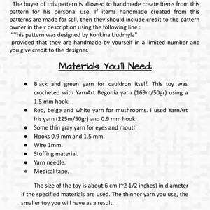 May include: A crochet pattern for a cauldron toy with instructions for materials needed, including black and green yarn, red, beige, and white yarn, thin gray yarn, hooks, wire, stuffing material, a yarn needle, and medical tape. The pattern is for personal use only and includes the text "This pattern was designed by Konkina Liudmyla".