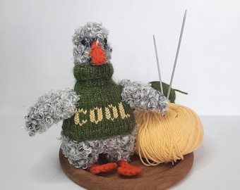Knitted Goose Toy in Sweater: Curly Bird Lover Gift and Farmhouse desk decor