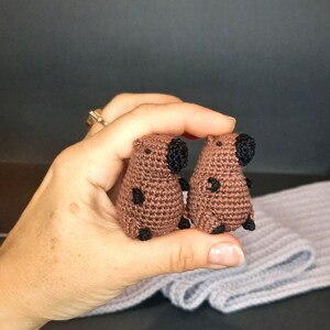 May include: Two small brown crocheted animals with black eyes and noses. The animals are being held in a hand.