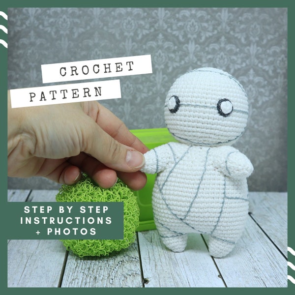 Amigurumi mummy crochet pattern. Crochet Halloween toy DIY tutorial .