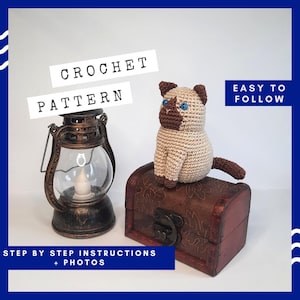 Siamese cat crochet pattern. Low sew pattern for Siamese crochet cat. Sitting cat tutorial.