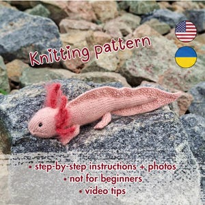 May include: A knitted pink axolotl toy with red frills, resting on a gray rock. The image includes the text "Knitting pattern" and bullet points: "step-by-step instructions + photos", "not for beginners", and "video tips".