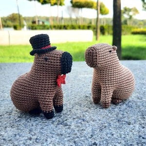 Sitting capybara toy. Gentleman capybara plush toy is a best gift for friend. Amigurumi capybara couple.