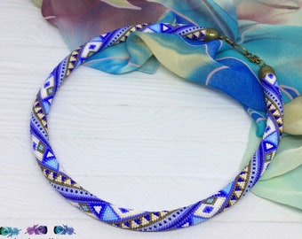 Bead Crochet Rope necklace - Blue necklace - White necklace