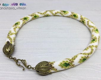 Bead Crochet Rope necklace - Green Necklace - Gold Necklace