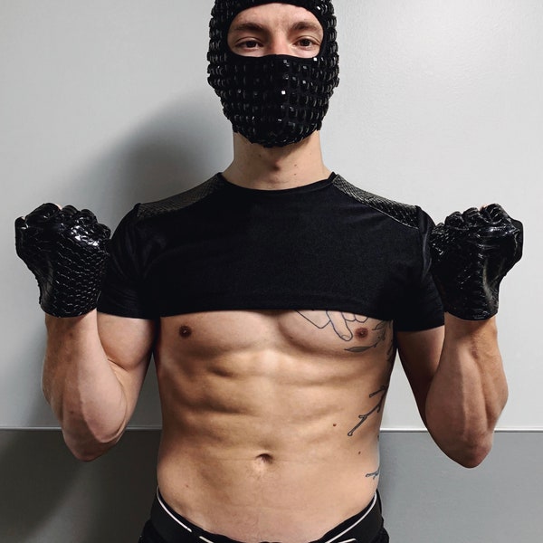 Sexy Male Crop Top with Faux Leather Shoulder Details + Gloves - Couture - Costume - Festival - Stage - Accessories - Male Dancer - Gogo