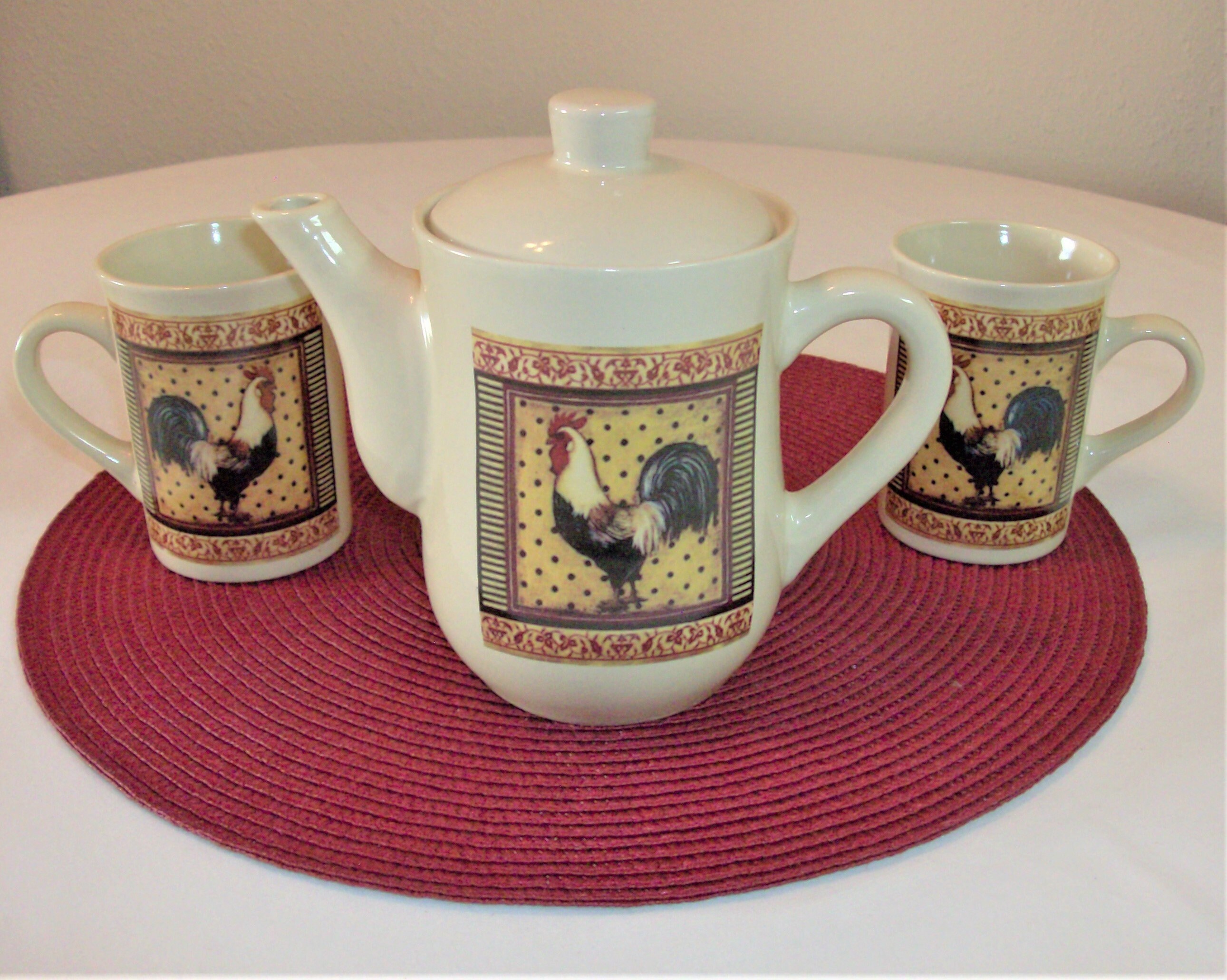COUNTRY ROOSTER Tea Coffee Set of Teapot and 2 Cups Mugs Etsy